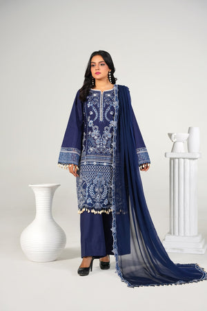 3 Piece Embroidered Blue Suit - Abeer Rasheed