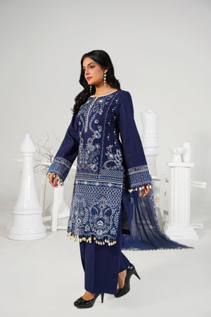 3 Piece Embroidered Blue Suit - Abeer Rasheed