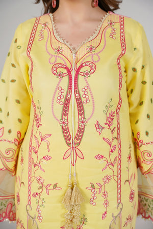 3 Piece Embroidered Yellow Suit - Abeer Rasheed
