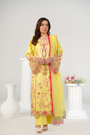 3 Piece Embroidered Yellow Suit - Abeer Rasheed
