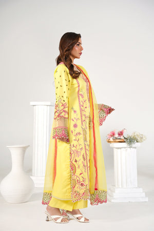 3 Piece Embroidered Yellow Suit - Abeer Rasheed