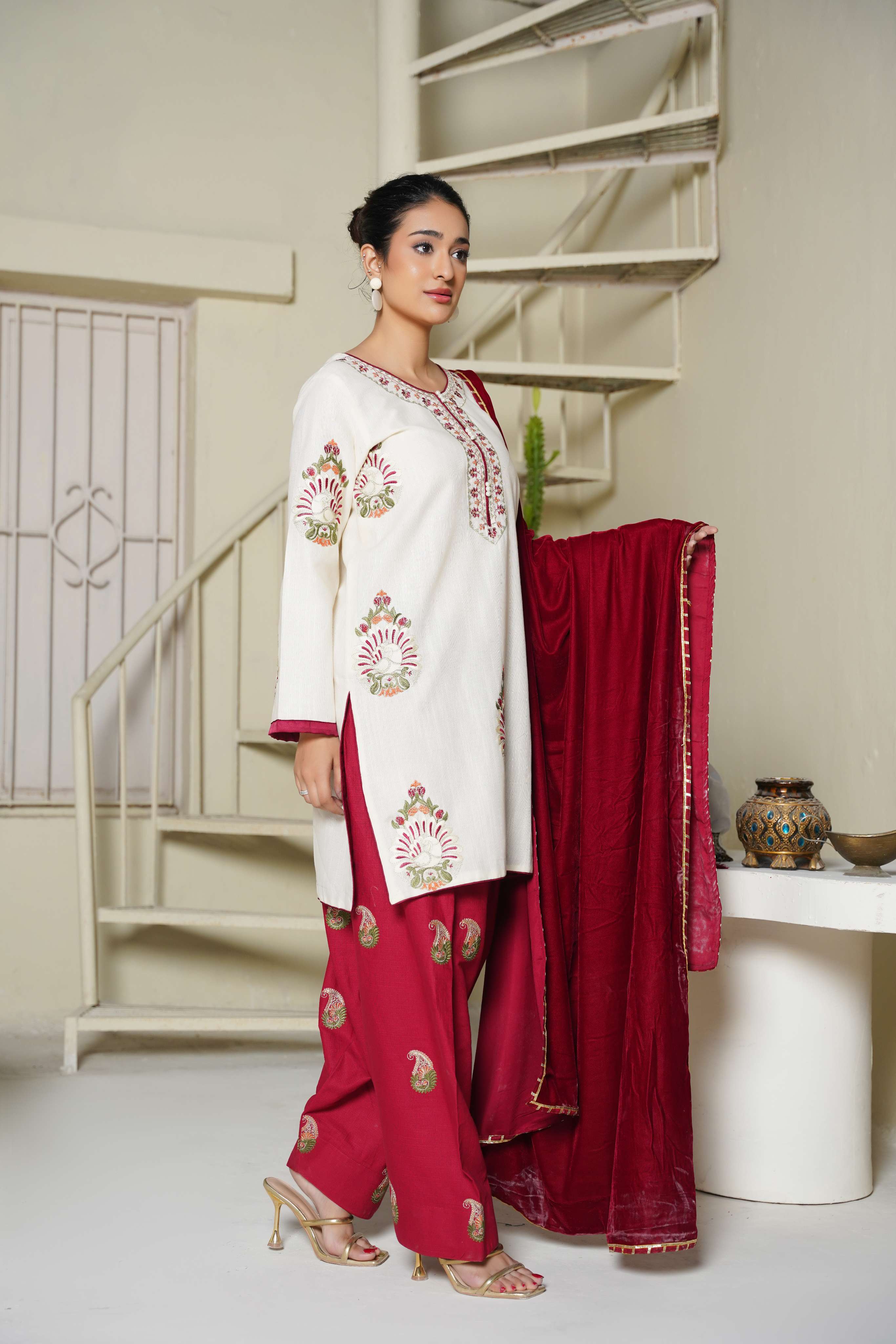 Cherry Velvet - 3 Piece Embroidered Suit