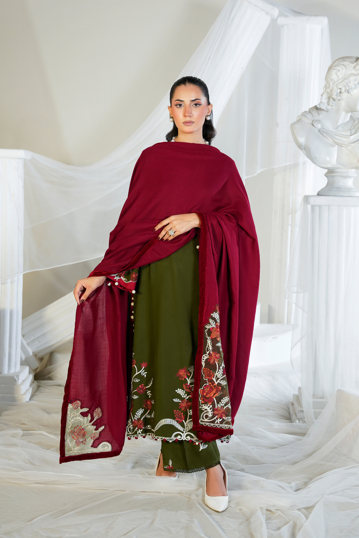 Olive 3 Piece Unstitched - Embroidered Viscose Green Suit