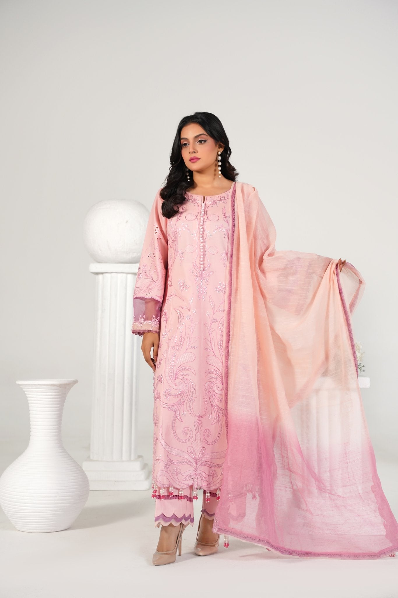 3 Piece Embroidered Baby Pink Suit - Abeer Rasheed