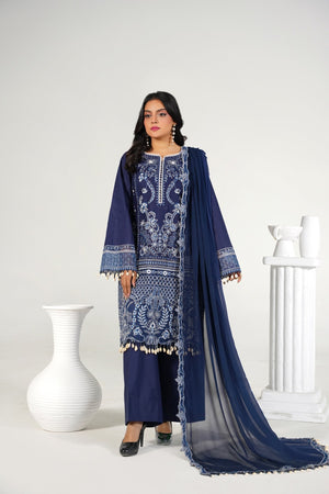 3 Piece Embroidered Blue Suit - Abeer Rasheed