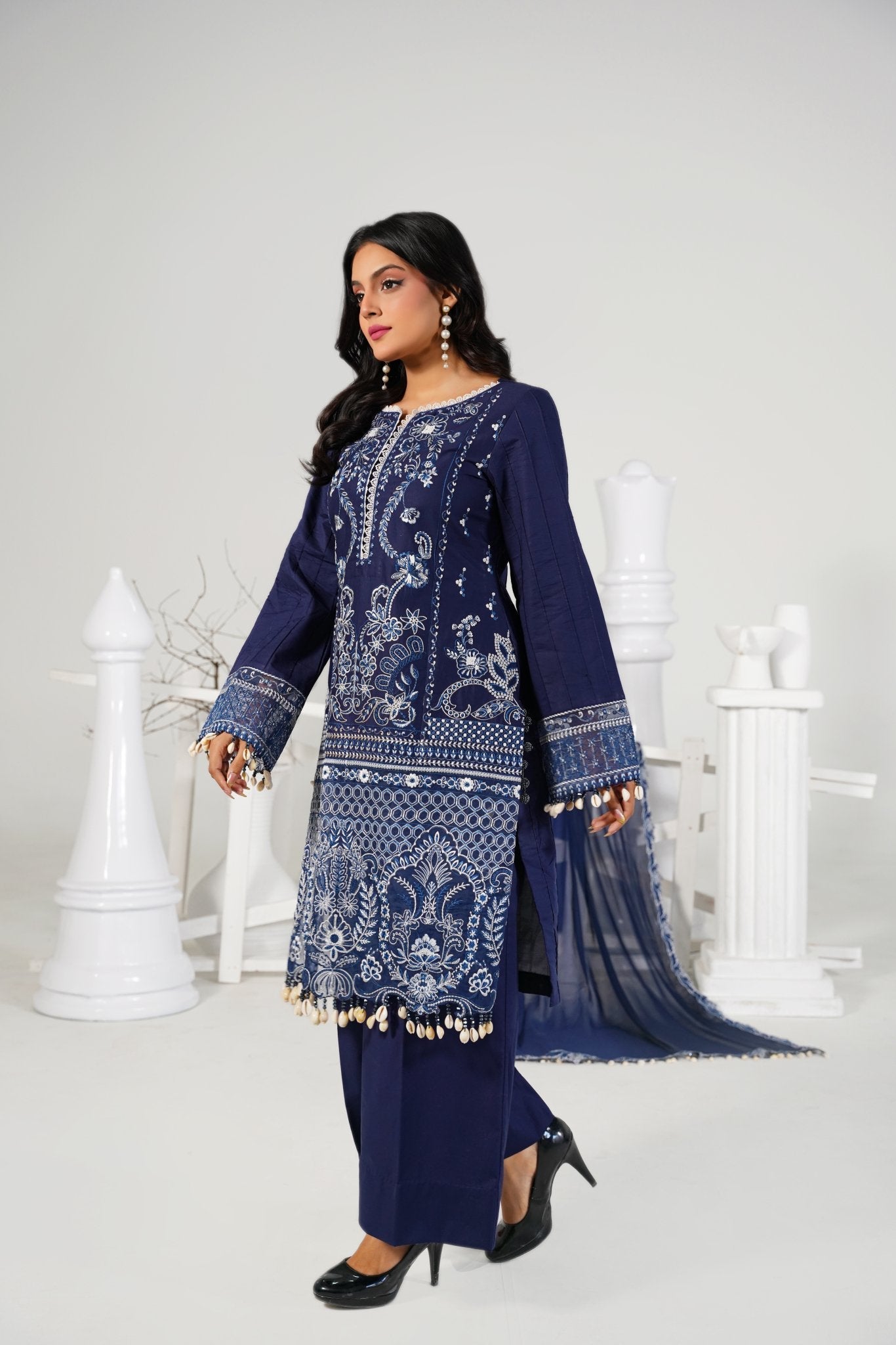 3 Piece Embroidered Blue Suit - Abeer Rasheed