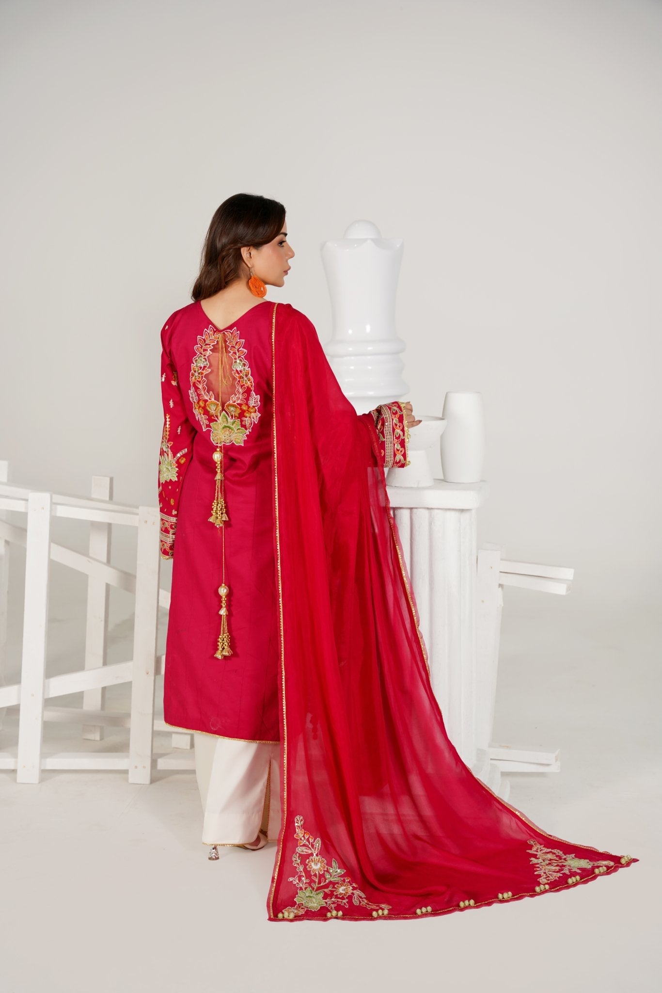 3 Piece Embroidered Cherry Red Suit - Abeer Rasheed