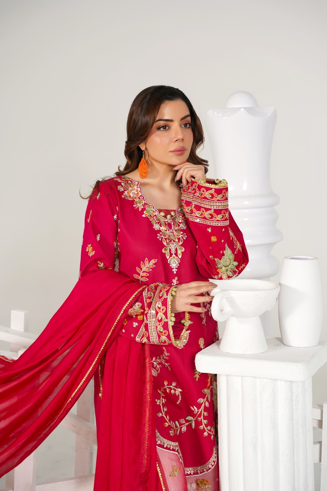 3 Piece Embroidered Cherry Red Suit - Abeer Rasheed