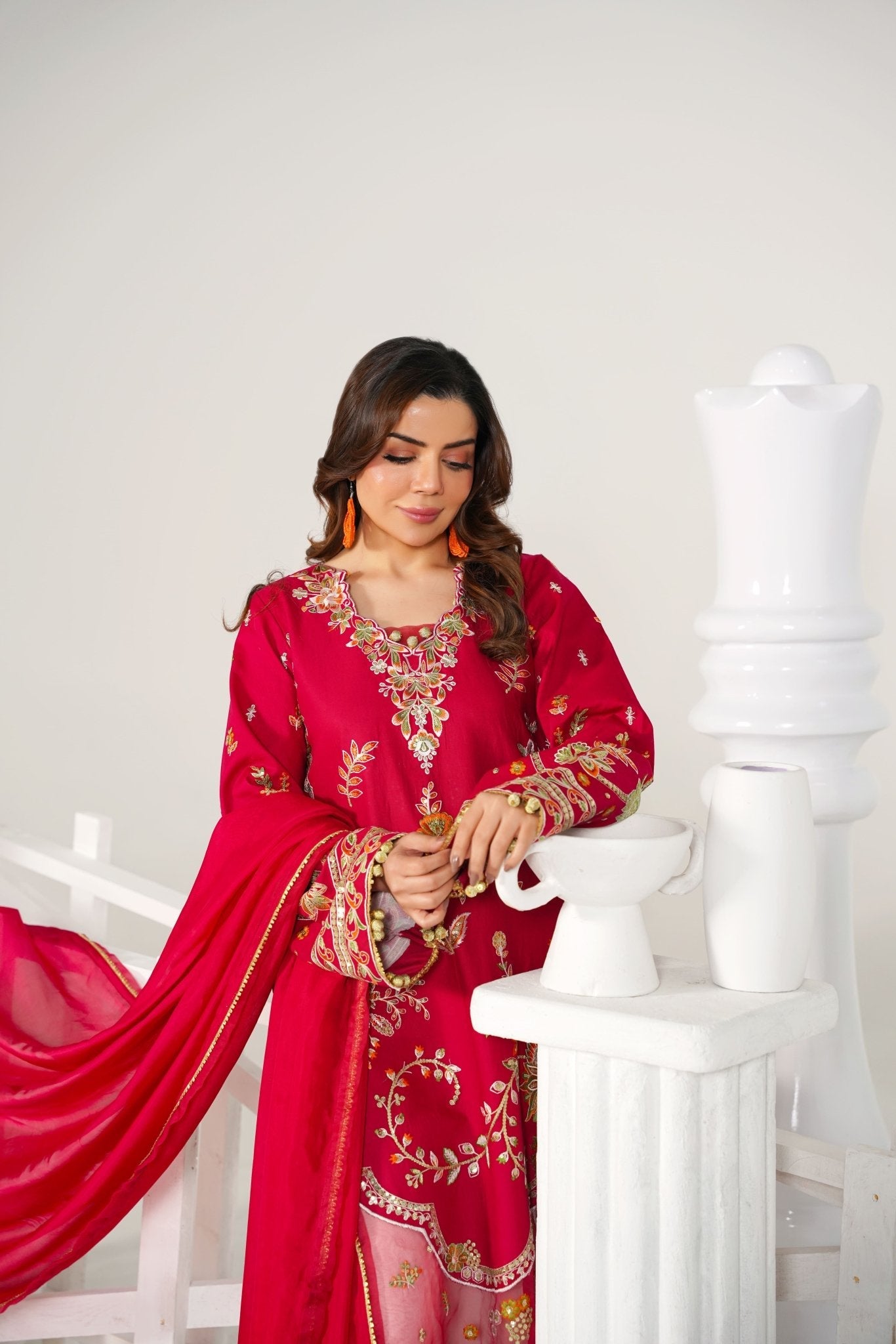 3 Piece Embroidered Cherry Red Suit - Abeer Rasheed
