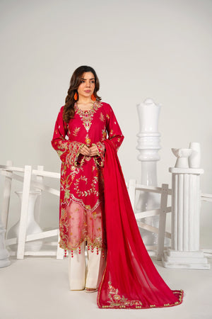 3 Piece Embroidered Cherry Red Suit - Abeer Rasheed