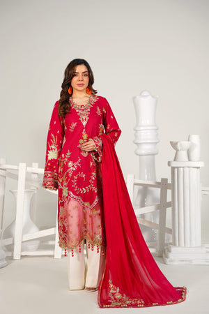 3 Piece Embroidered Cherry Red Suit - Abeer Rasheed