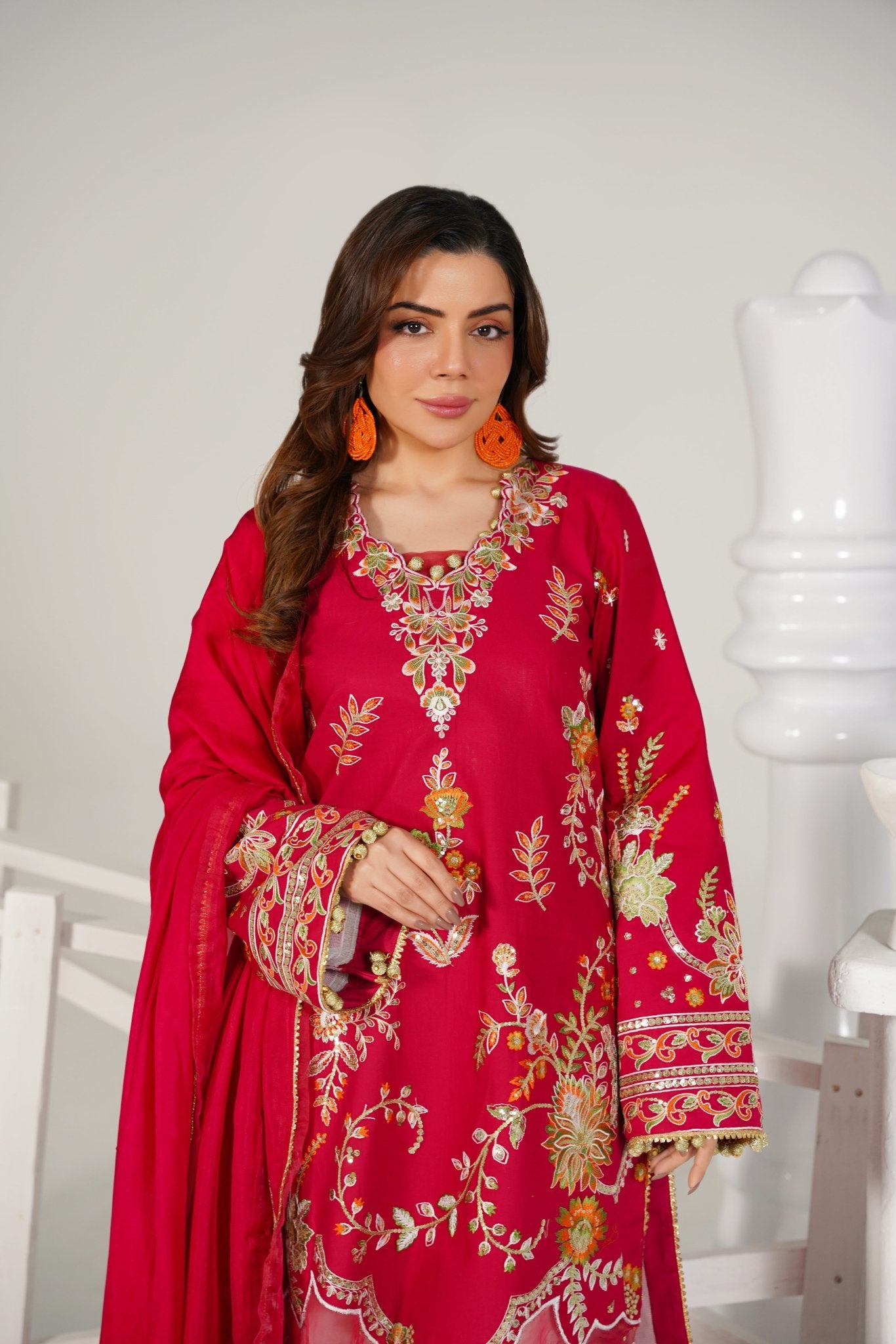 3 Piece Embroidered Cherry Red Suit - Abeer Rasheed