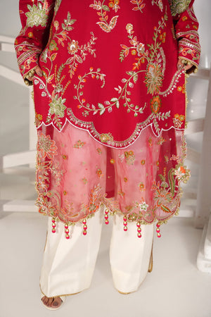 3 Piece Embroidered Cherry Red Suit - Abeer Rasheed