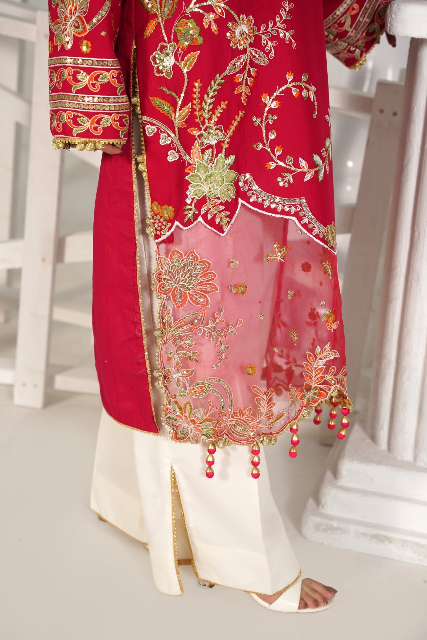 3 Piece Embroidered Cherry Red Suit - Abeer Rasheed