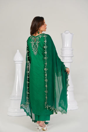 3 Piece Embroidered Green Suit - Abeer Rasheed