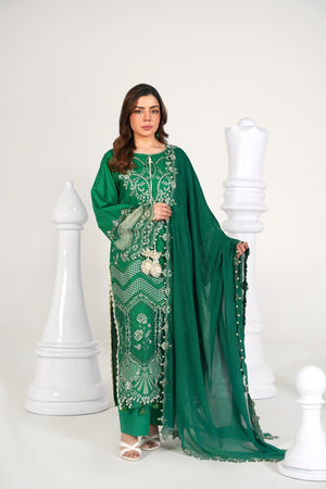 3 Piece Embroidered Green Suit - Abeer Rasheed