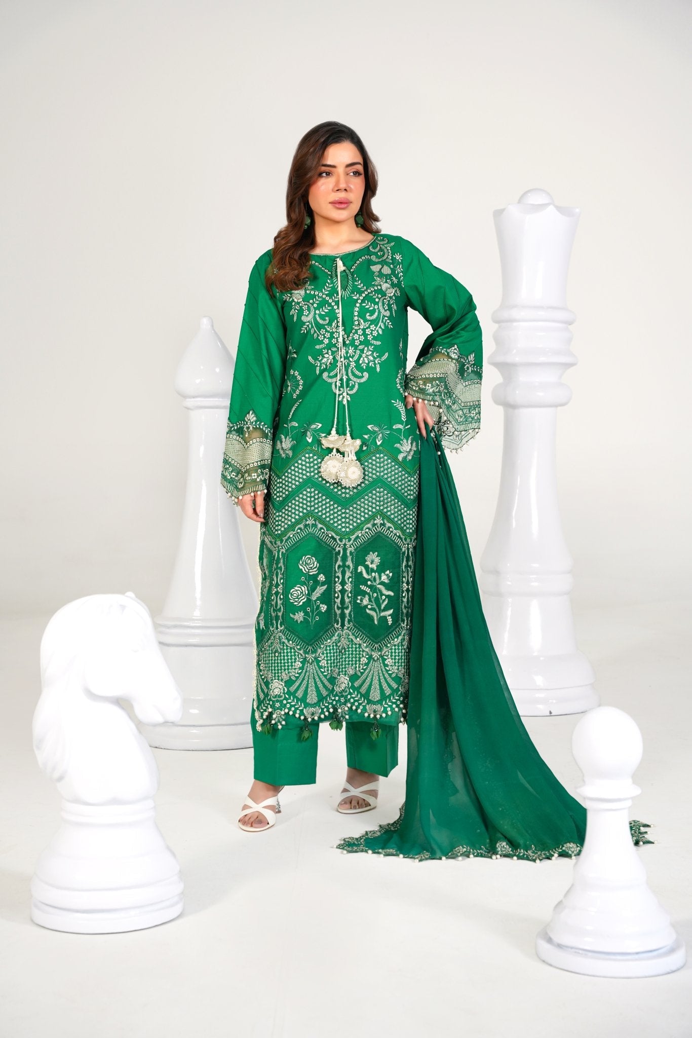 3 Piece Embroidered Green Suit - Abeer Rasheed