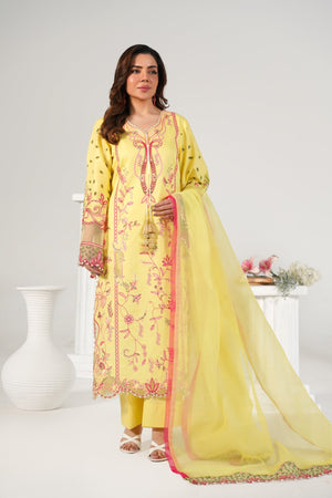 3 Piece Embroidered Yellow Suit - Abeer Rasheed