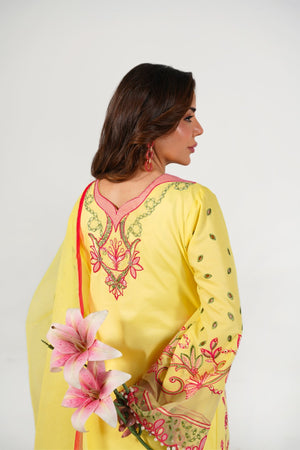 3 Piece Embroidered Yellow Suit - Abeer Rasheed