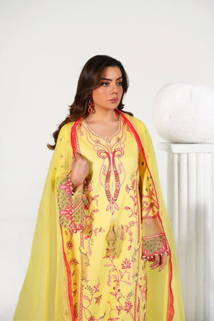 3 Piece Embroidered Yellow Suit - Abeer Rasheed