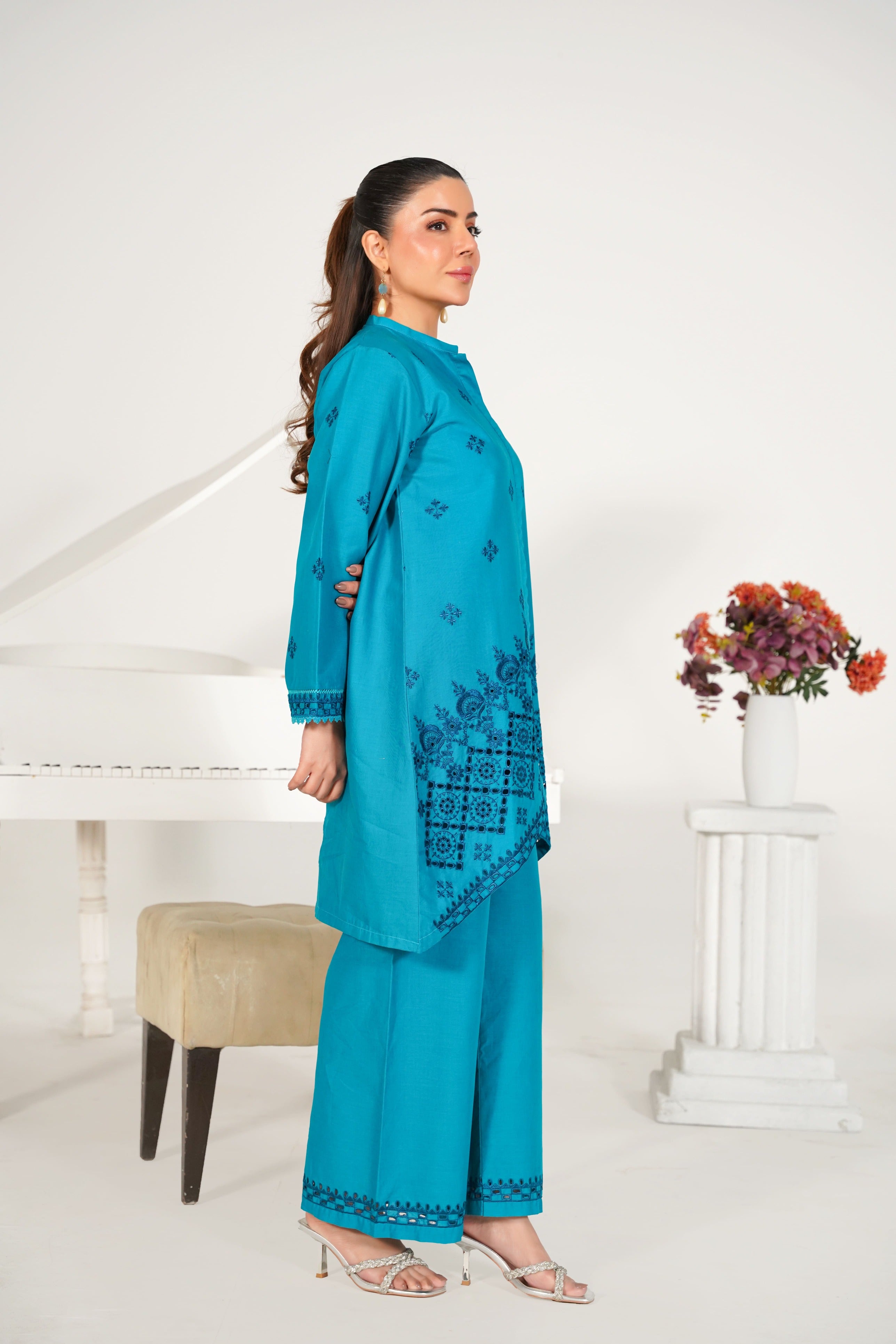 2 Piece Pret - Embroided Premium Lawn Teal Blue Suit