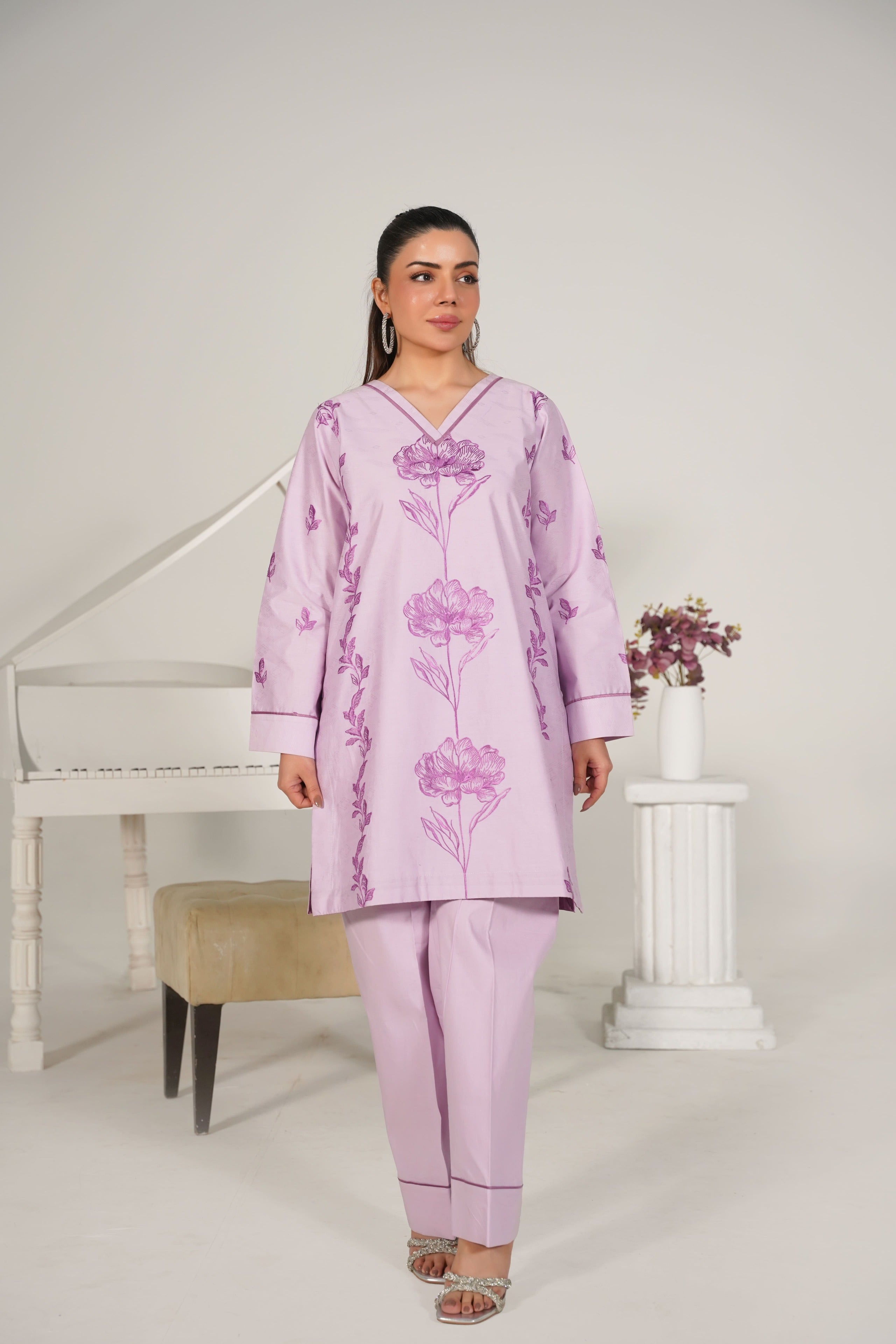 2 Piece Pret- Embroided Premium Lawn Light Lilac Suit
