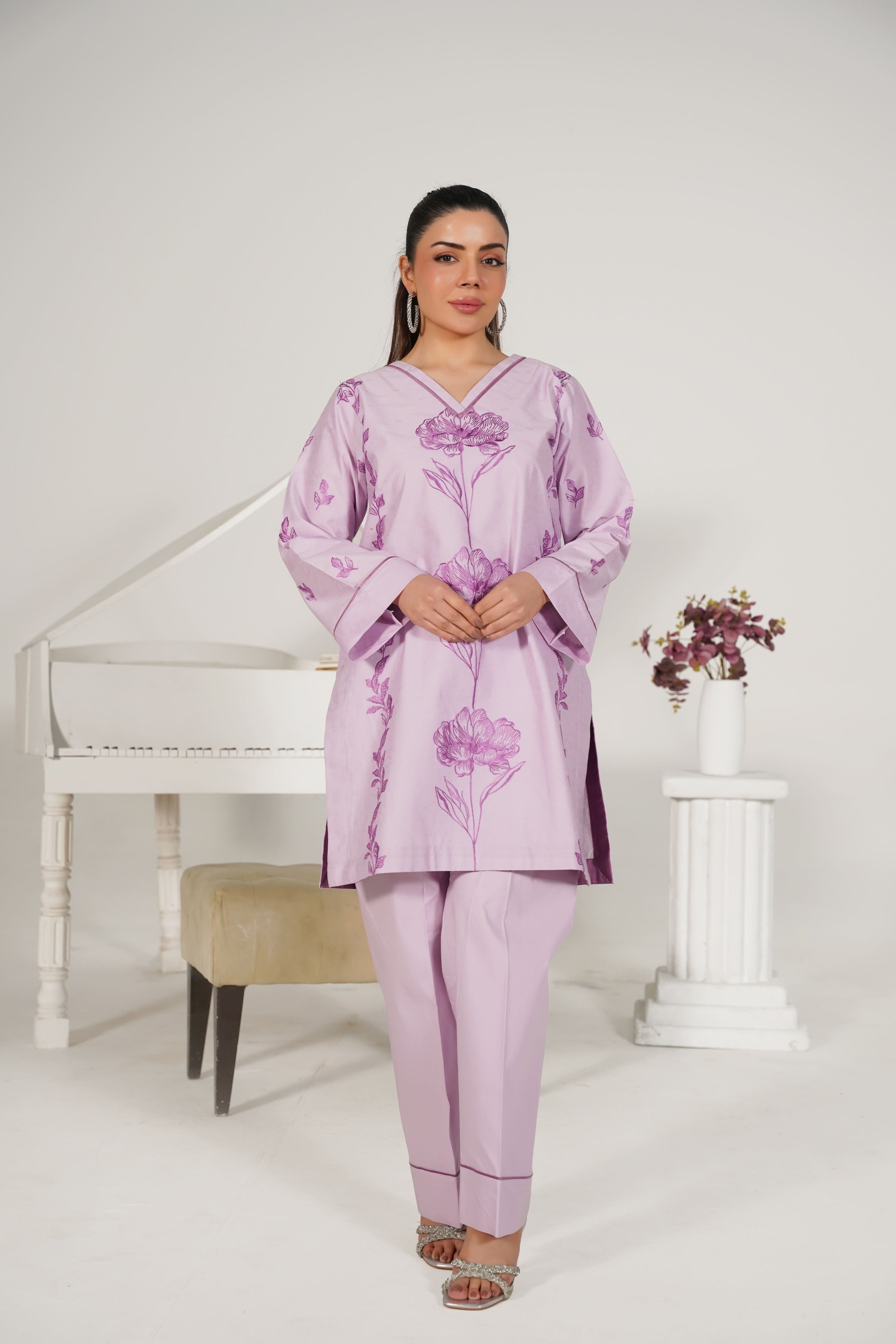 2 Piece Pret- Embroided Premium Lawn Light Lilac Suit