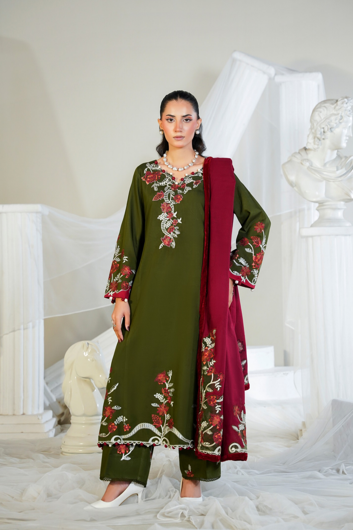 Olive 3 Piece Unstitched - Embroidered Viscose Green Suit
