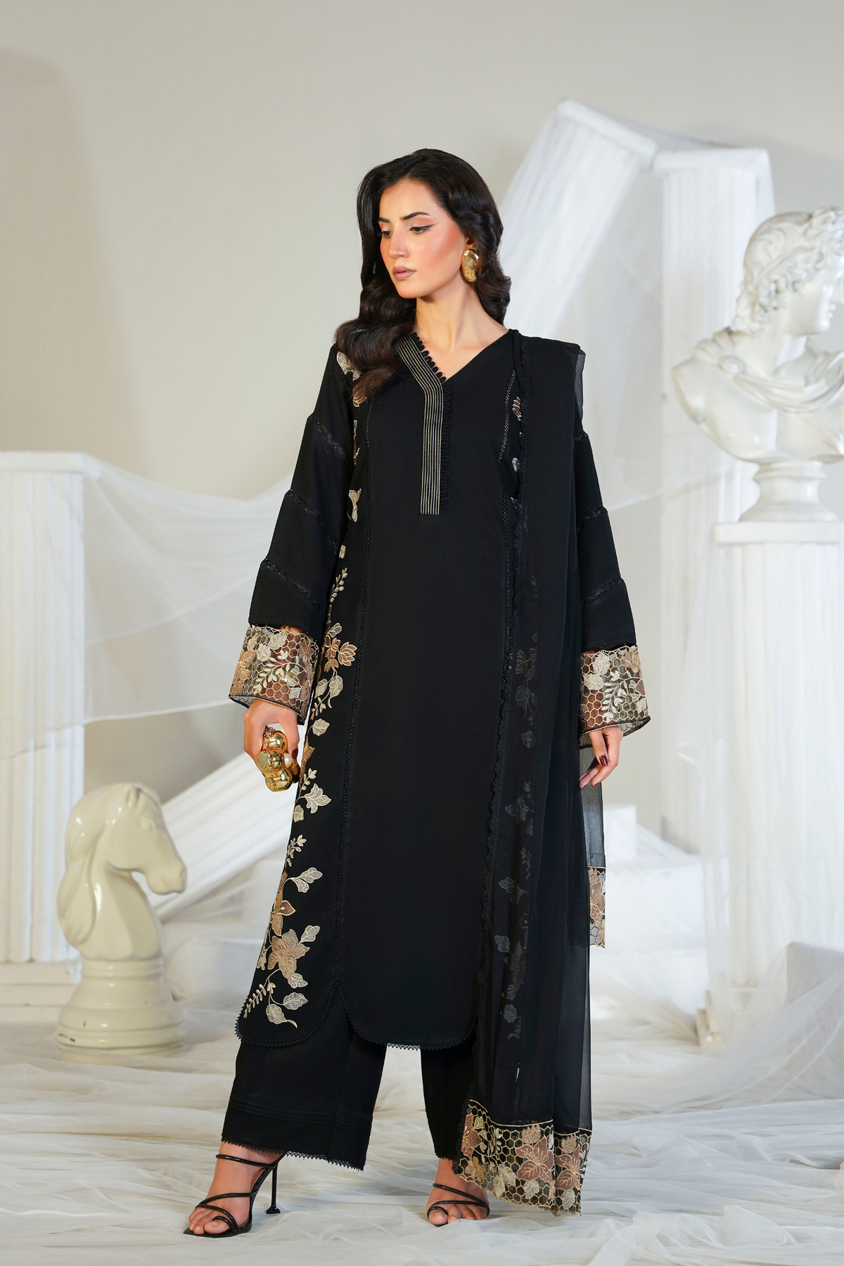 Hazel - 3 Piece Unstitched - Embroidered Karandi Black Suit