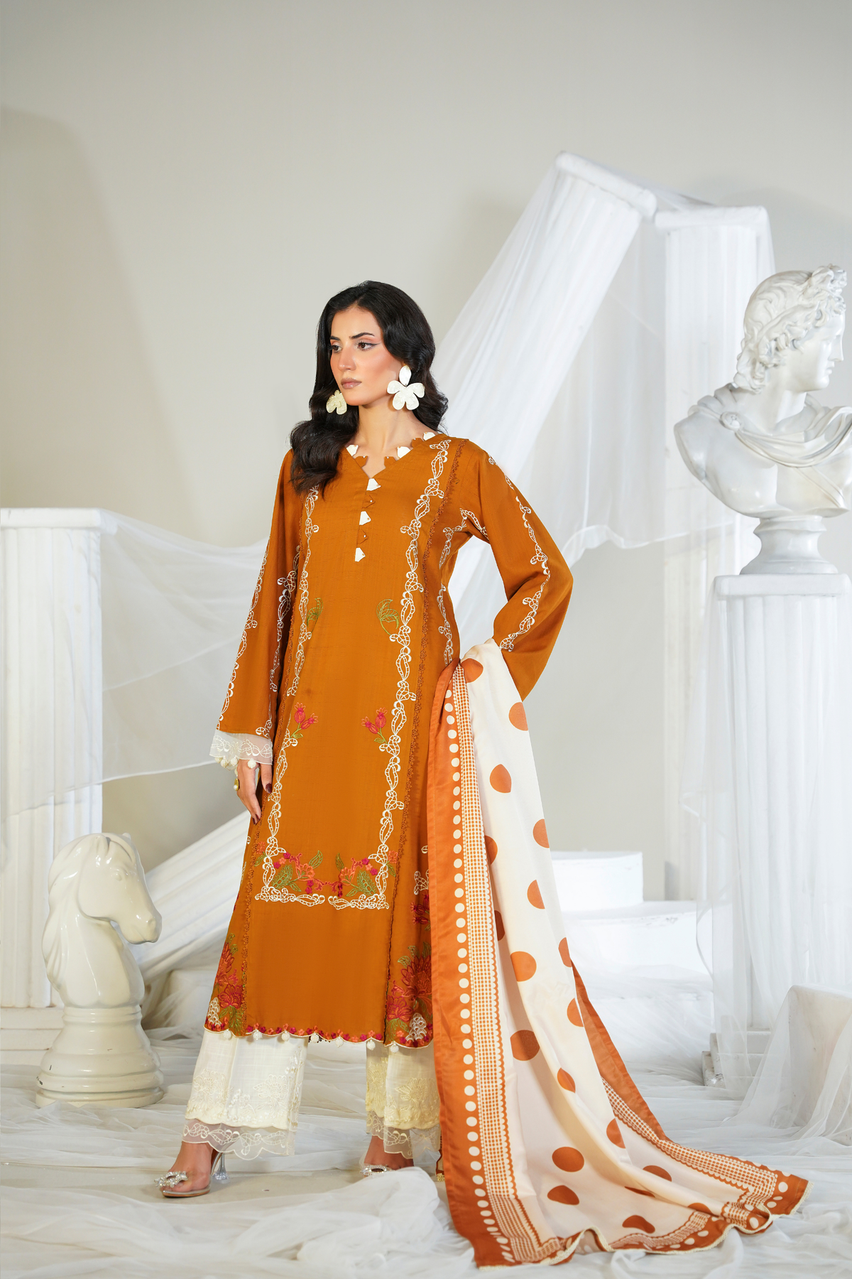 Amber - 3 Piece Unstitched - Embroidered Light Khaddar Mustard Suit