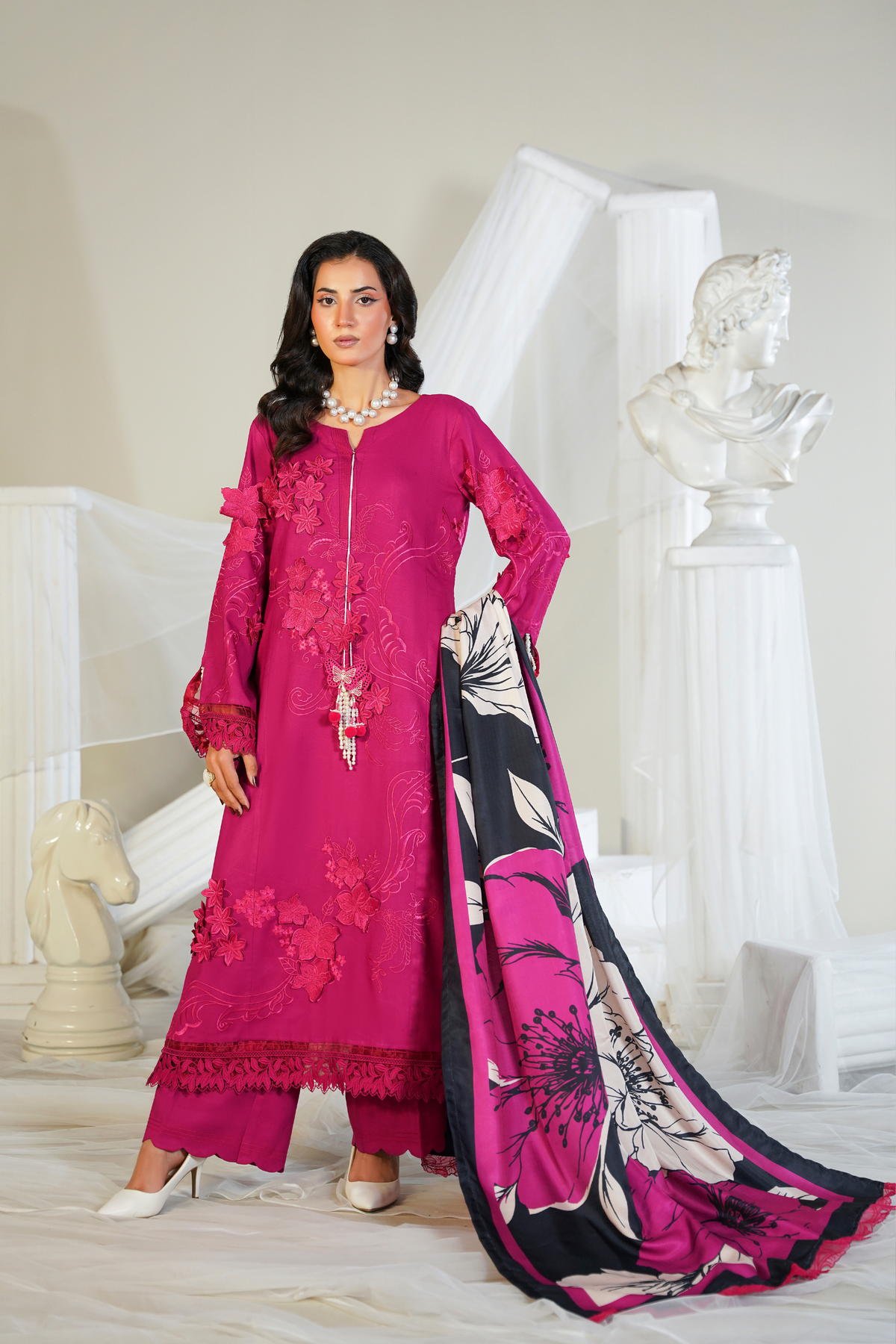 Rose - 3 Piece Unstitched - 3D Embroidered Dhanak Hot Pink Suit