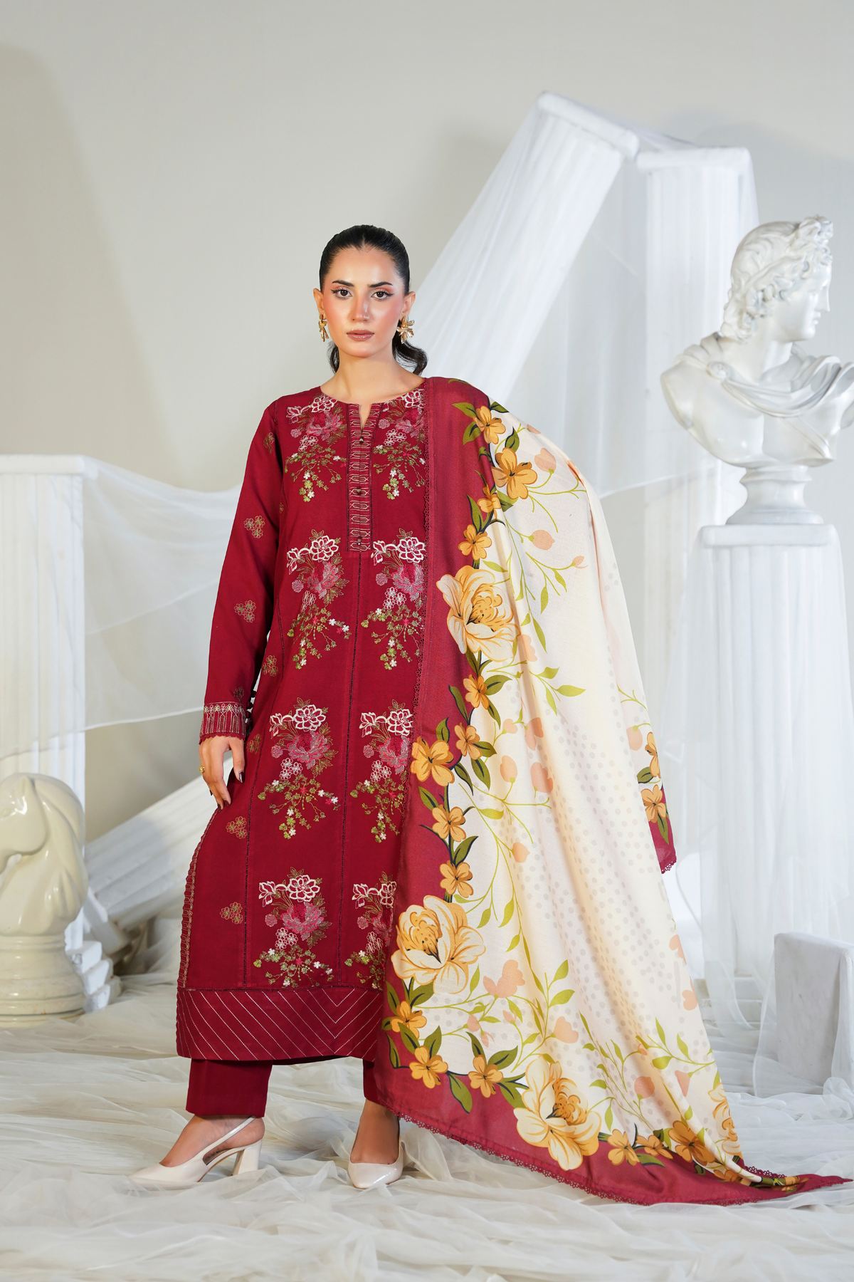 Ruby - 3 Piece Unstitched - Embroidered Maroon Suit