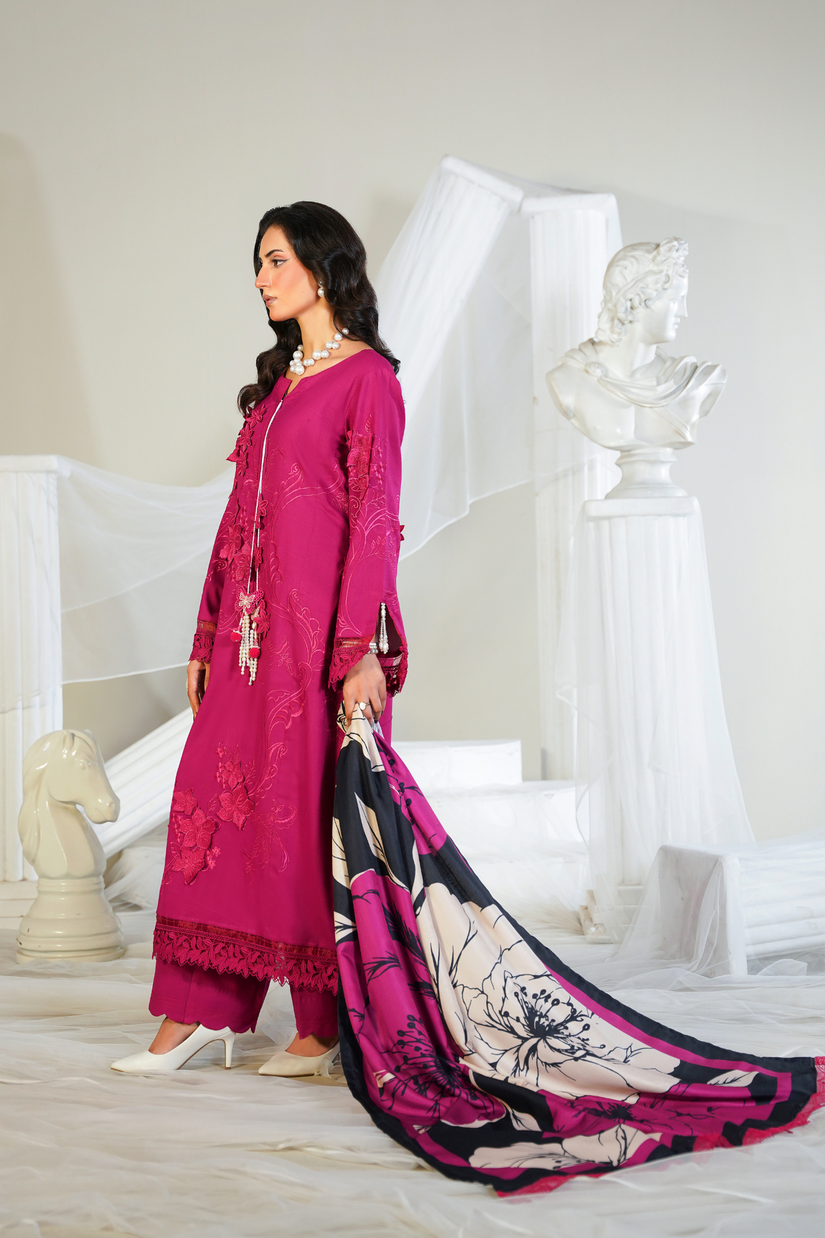 Rose - 3 Piece Unstitched - 3D Embroidered Dhanak Hot Pink Suit