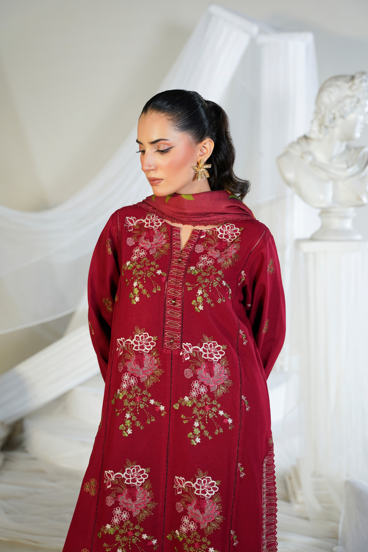 Ruby - 3 Piece Unstitched - Embroidered Maroon Suit