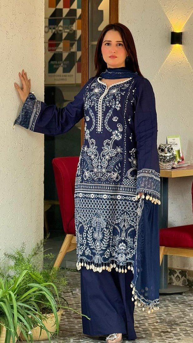3 Piece Unstitched - Embroided Premium Lawn Blue Suit