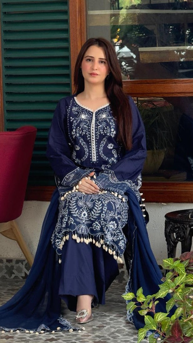3 Piece Unstitched - Embroided Premium Lawn Blue Suit