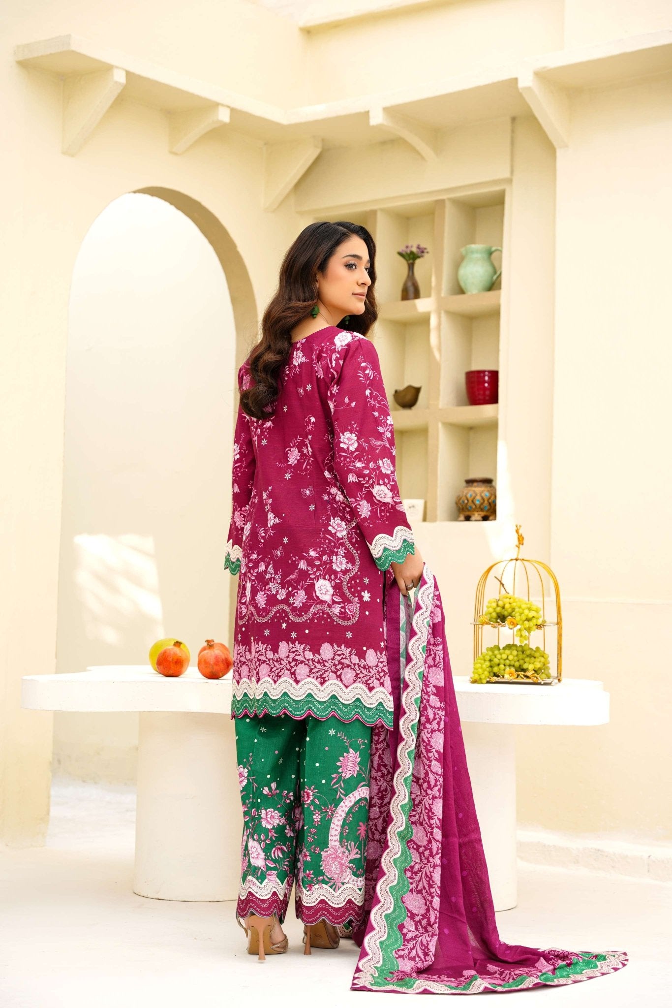 Cranberry Cream - 3 Piece Printed Suit - Abeer Rasheed