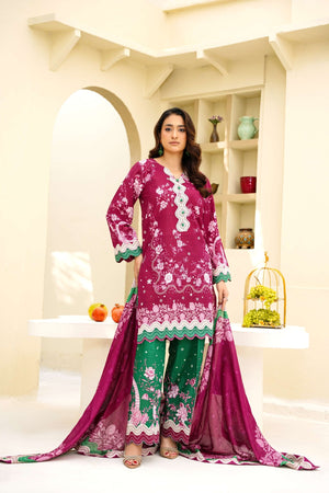 Cranberry Cream - 3 Piece Printed Suit - Abeer Rasheed